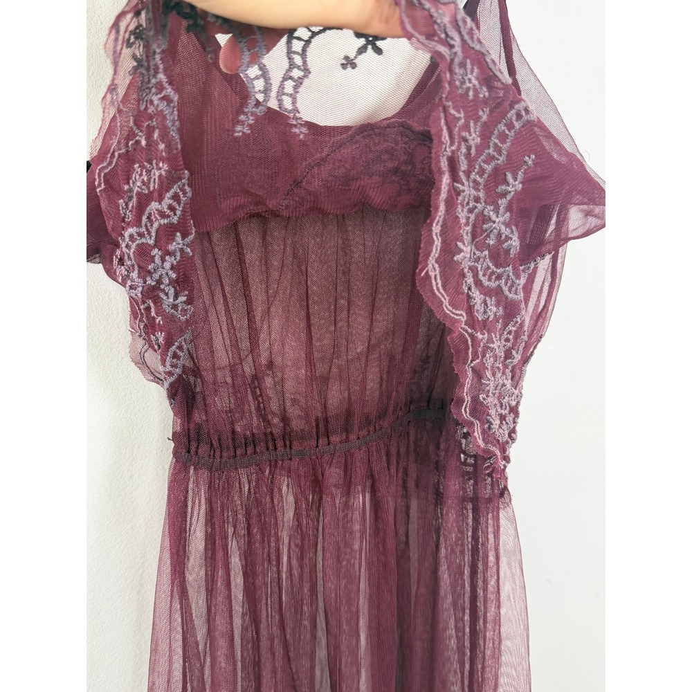 Kimchi Blue Mini Dress Sz S Plum Sheer Mesh Embroidered Tiered Fairy Coquette - Picture 3 of 7